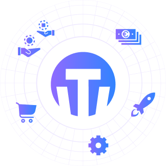 Tradeware Tradeware Logo in Blau und Weiß, stilisiertes ‚T‘ im Kreis, umgeben von Symbolen für Geld, Einkauf, Rakete, Zahnrad und Blockchain – Darstellung für digitale Vertrauens- und Handelslösungen.