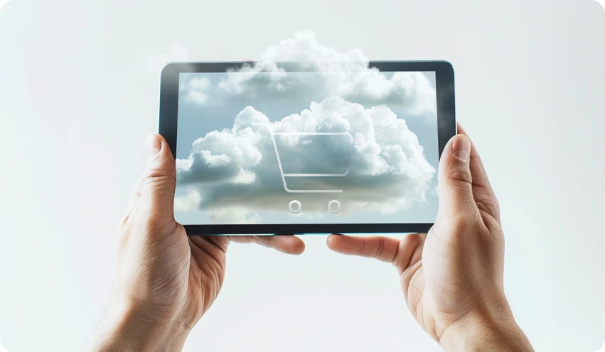 Eine Person hält mit zwei Händen ein Tablet in der Hand auf dem ein Einkaufswagen zu sehen ist, der aus einer Wolke kommt.