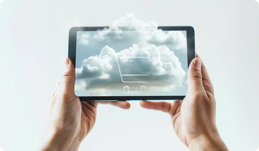 Alternative zu SAP Commerce Cloud gesucht? Hier erfahren Sie mehr. Eine Person hält mit zwei Händen ein Tablet in der Hand auf dem ein Einkaufswagen zu sehen ist, der aus einer Wolke kommt.