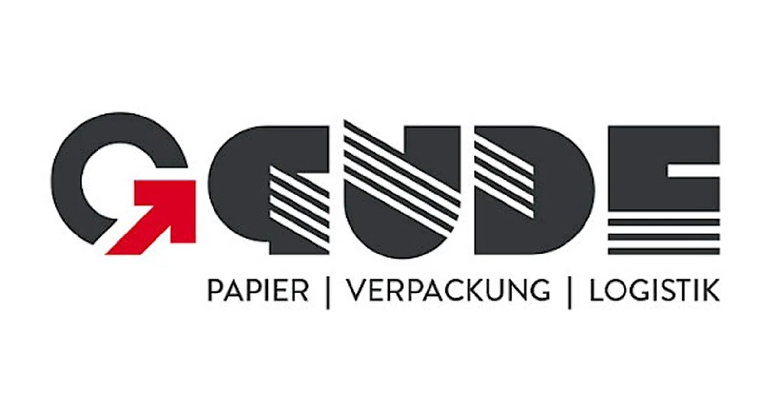 Gude Logo mit rotem Pfeil und schwarzen Buchstaben, ergänzt durch die Begriffe Papier, Verpackung und Logistik – Symbol für ein Unternehmen aus der Verpackungs- und Logistikbranche.