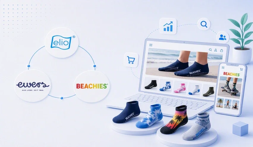 Kooperation elio ewers ud beachies im Kreislaug mit Icos Bunte Socken aug Laptop und Mobilgerät