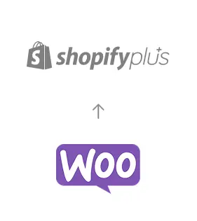 woocommerce zu Shopify+ Migration Migration von WooCommerce zu Shopify Plus, dargestellt durch einen Pfeil vom WooCommerce-Logo zum Shopify Plus-Logo