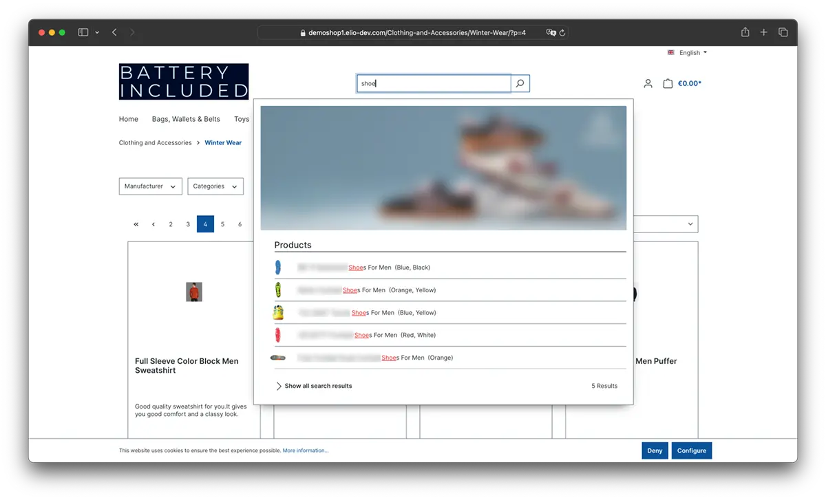Demoshop, in dem das Plugin Data Discovery Core im Einsatz ist Zu sehen ist ein BatteryIncluded-Demoshop, indem ein User eine Anfrage „shoe“ in die Suchmaske des Shops eingibt