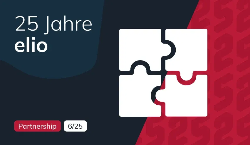 Diese 4 Plugins zeigen, wie individuelle Lösungen wirklich aussehen Grafik zum 25-jährigen Jubiläum von elio mit der Aufschrift ‚25 Jahre elio‘, einem roten Kasten mit Aufschrift ‚Partnership ‘ und vier Puzzleteilen.