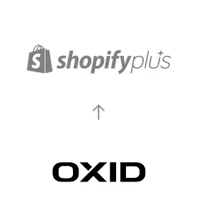 OXID zu Shopify+ Migration Migration von OXID eShop zu Shopify Plus, dargestellt durch einen Pfeil vom OXID-Logo zum Shopify Plus-Logo