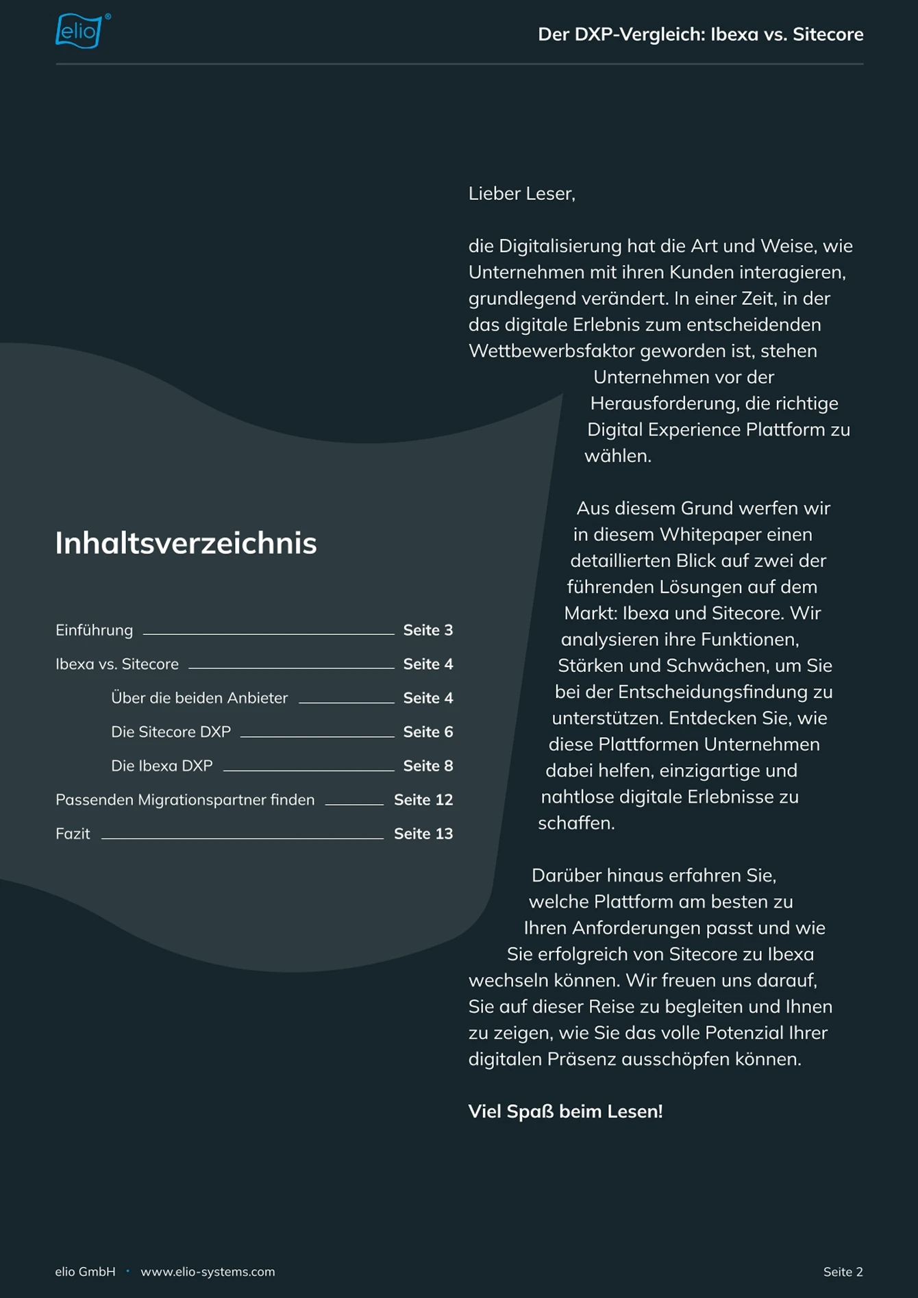 Seite aus dem elio-Whitepaper ‚Ibexa vs. Sitecore'