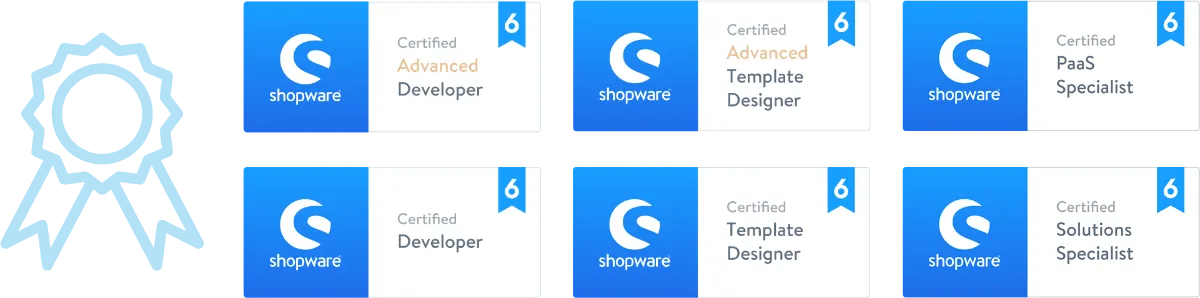 Shopware Kompetenz Shopware 6 Zertifikate: Advanced Developer, Advanced Template Designer, PaaS Specialist, Developer, Template Designer und Solutions Specialist – symbolisiert durch ein Zertifikat-Icon.