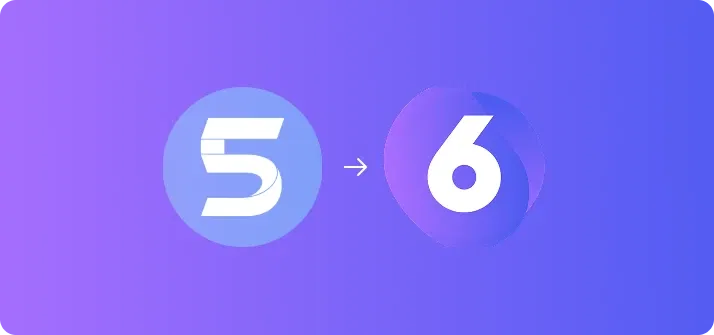 Shopware 5 auf 6 Migration Grafische Darstellung der Migration von Shopware 5 zu Shopware 6 mit stilisierten Logos auf violettem Farbverlauf