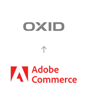 Adobe Commerce zu OXID eShop Migration Migration von Adobe Commerce zu OXID eShop, dargestellt mit einem Pfeil vom Adobe Commerce Logo zum OXID eShop Logo