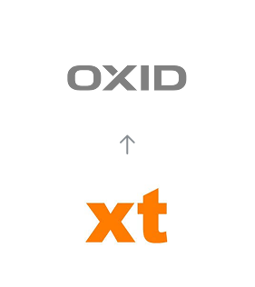 xt:Commerce zu OXID Migration Migration von xt:Commerce zu OXID eShop, dargestellt durch einen Pfeil vom xt:Commerce-Logo zum OXID eShop-Logo
