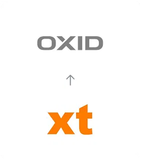 xt:Commerce zu OXID Migration Migration von xt:Commerce zu OXID eShop, dargestellt durch einen Pfeil vom xt:Commerce-Logo zum OXID eShop-Logo