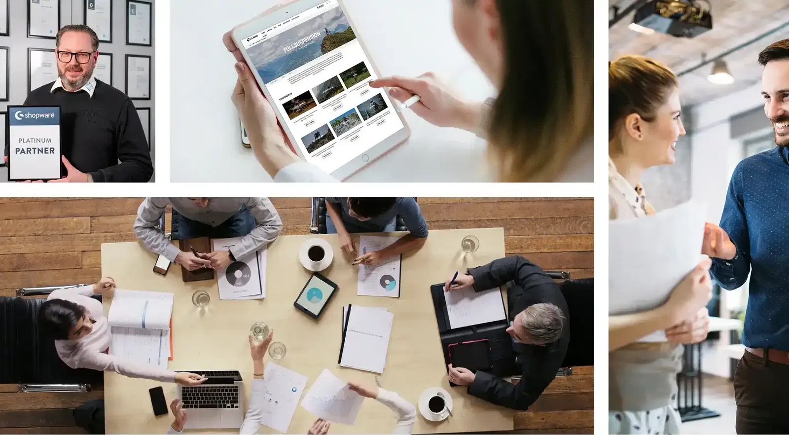 Wir sind die elio GmbH. Collage verschiedener Business-Situationen, die das Können von elio unterstreichen sollen.