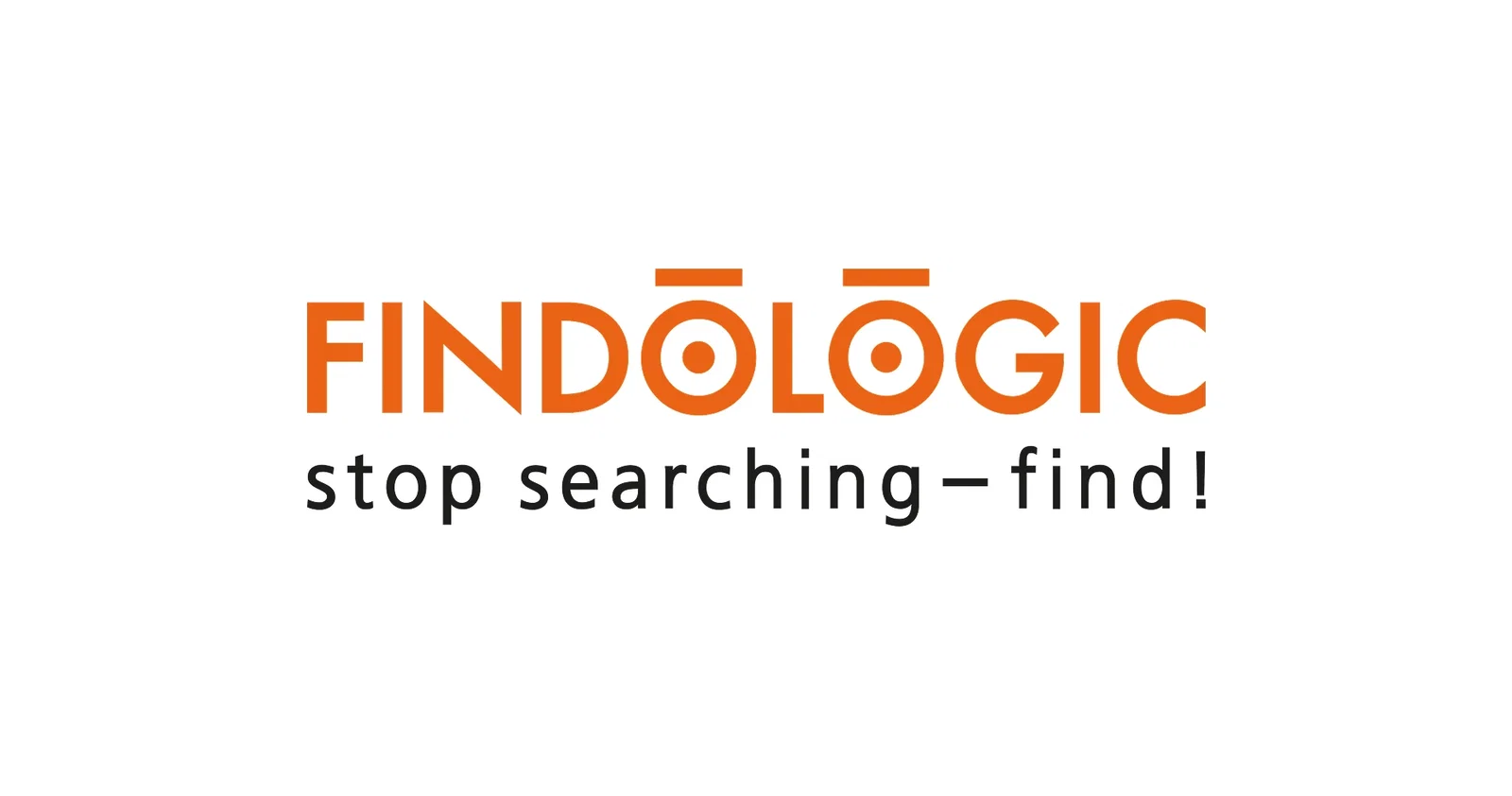 Logo von FINDOLOGIC in orangefarbener Großschrift mit zwei markanten O's, die wie Zielscheiben gestaltet und mit einem Querstrich darüber versehen sind. Darunter steht in Schwarz der Slogan: ‚stop searching – find!‘ auf weißem Hintergrund.