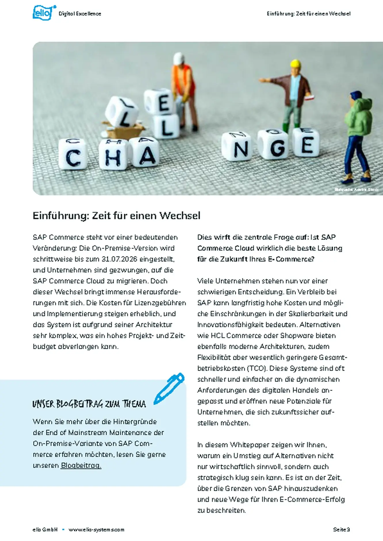 Exklusiver Einblick in unser Whitepaper: SAP Commerce vor dem Aus Seite aus dem elio-Whitepaper ‚SAP Commerce vor dem Aus‘ mit Inhaltsverzeichnis und Einleitung.
