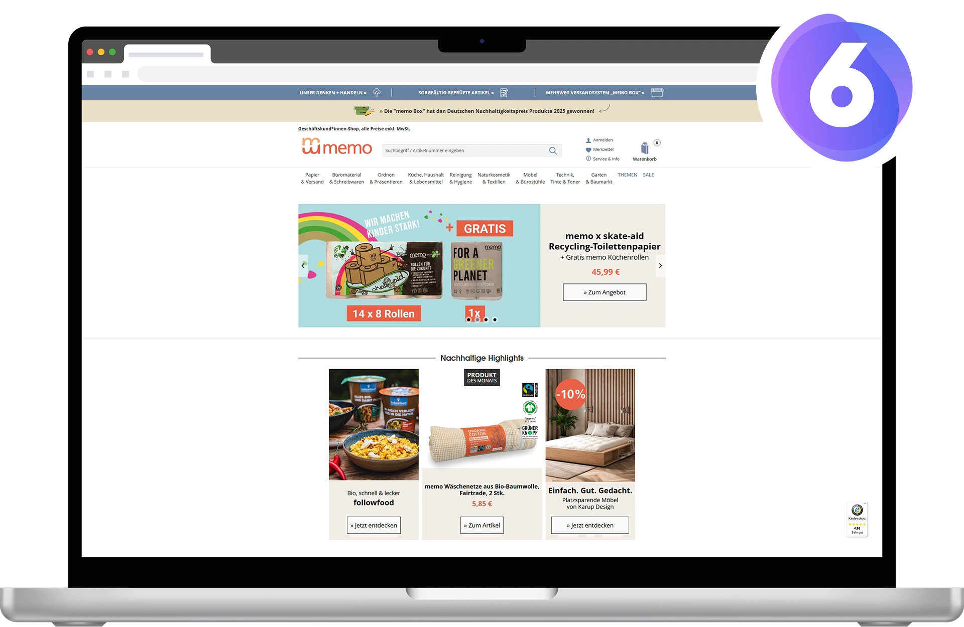 Mockup des memo Online-Shops auf einem Laptop mit Shopware 6 Logo