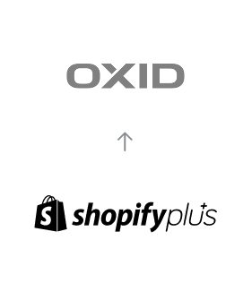 Shopify Plus zu OXID Migration Migration von Shopify Plus zu OXID eShop, dargestellt mit einem Pfeil vom Shopify Plus Logo zum OXID eShop Logo
