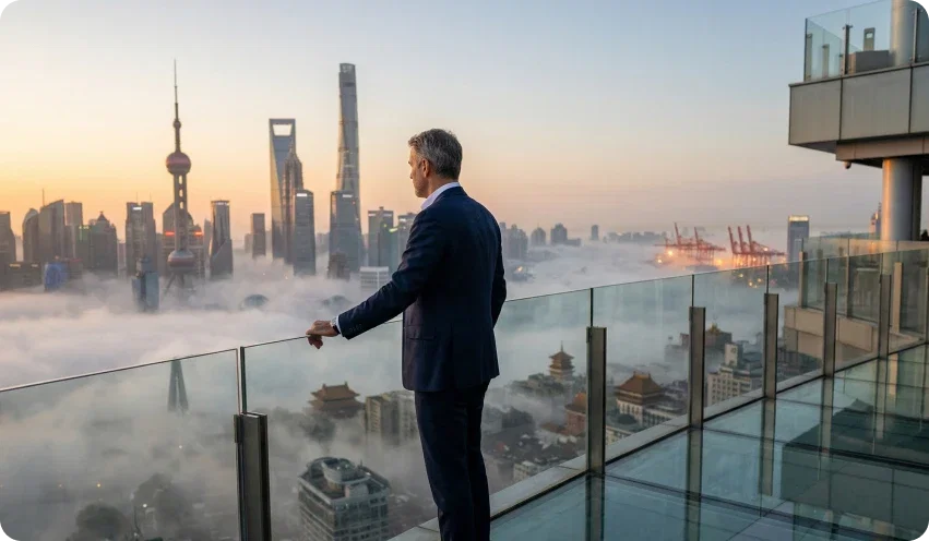 Geschäftsmann auf einer Glas-Aussichtsplattform mit Blick auf die Skyline von Shanghai bei Sonnenaufgang über den Wolken.