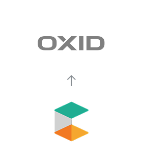 Commercetools zu OXID Migration Migration von commercetools zu OXID eShop dargestellt mit einem Pfeil vom alten Systemlogo zum OXID eShop Logo