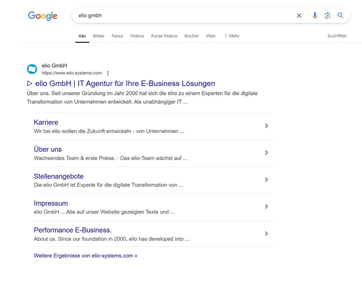 Serp mit elio GmbH als Suchanfrage Screenshot einer SERP bei Suchanfrage elio GmbH