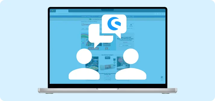 Shopware Beratung Laptop mit zwei stilisierten Personen-Icons und Sprechblasen, eine davon mit Shopware-Logo – Symbol für digitalen Austausch oder Beratung zu Shopware