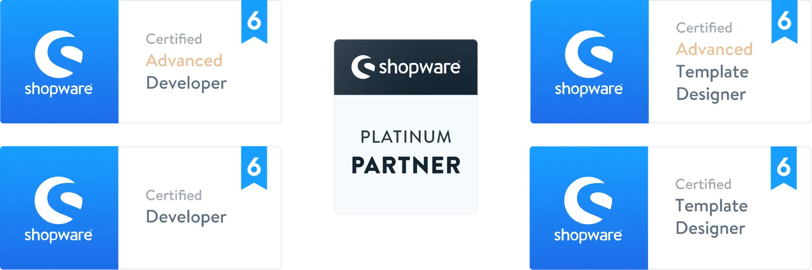Shopware 6 Zertifikate Shopware 6 Zertifikate für Advanced Developer, Advanced Template Designer, Developer und Template Designer sowie ein Shopware Platinum Partner Abzeichen.