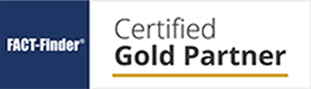 Fact Finder Gold Partner FACT-Finder Logo mit der Auszeichnung ‚Certified Gold Partner‘.