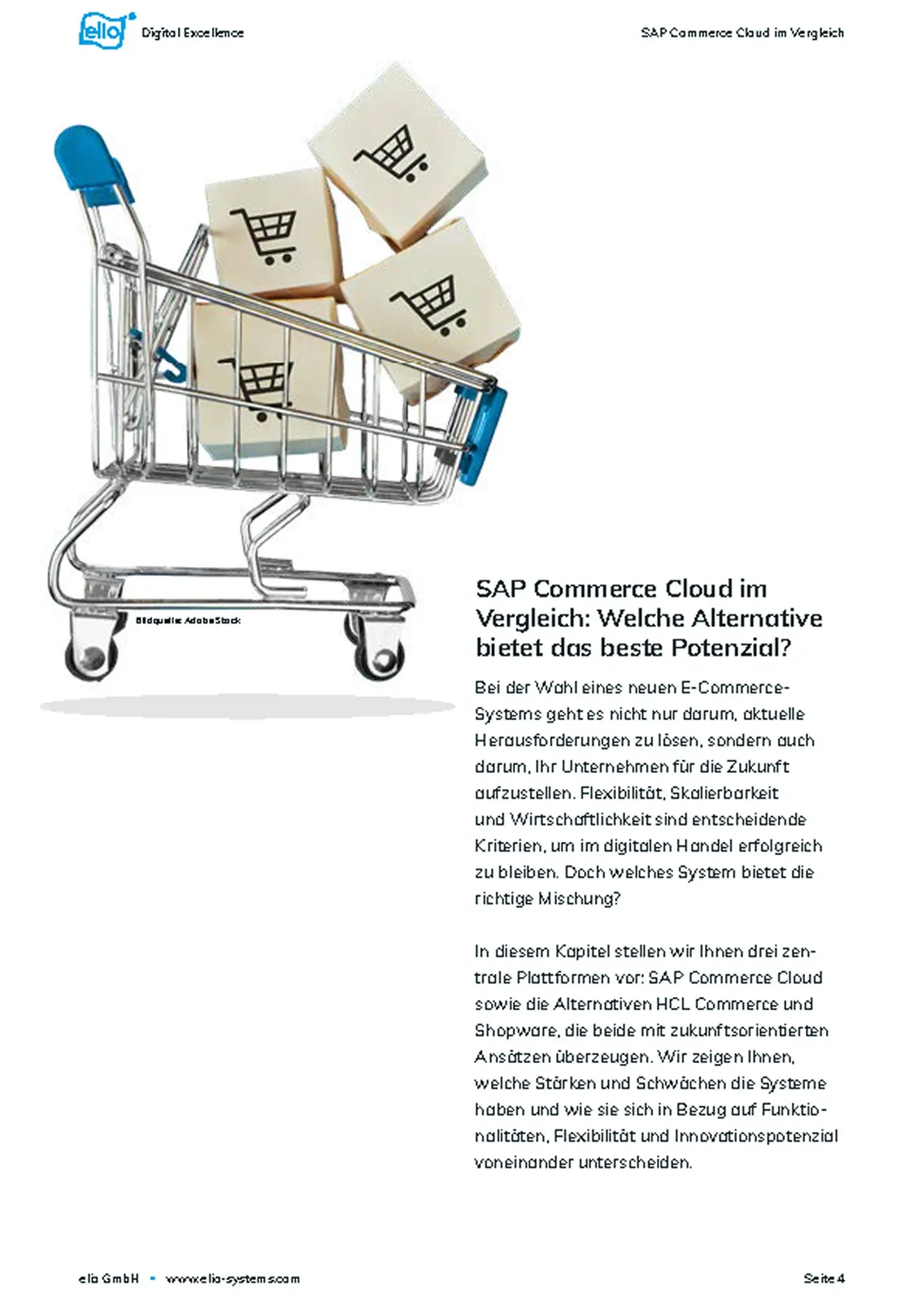 Exklusiver Einblick in unser Whitepaper: SAP Commerce vor dem Aus Seite aus dem elio-Whitepaper ‚SAP Commerce vor dem Aus‘ mit Inhaltsverzeichnis und Einleitung.