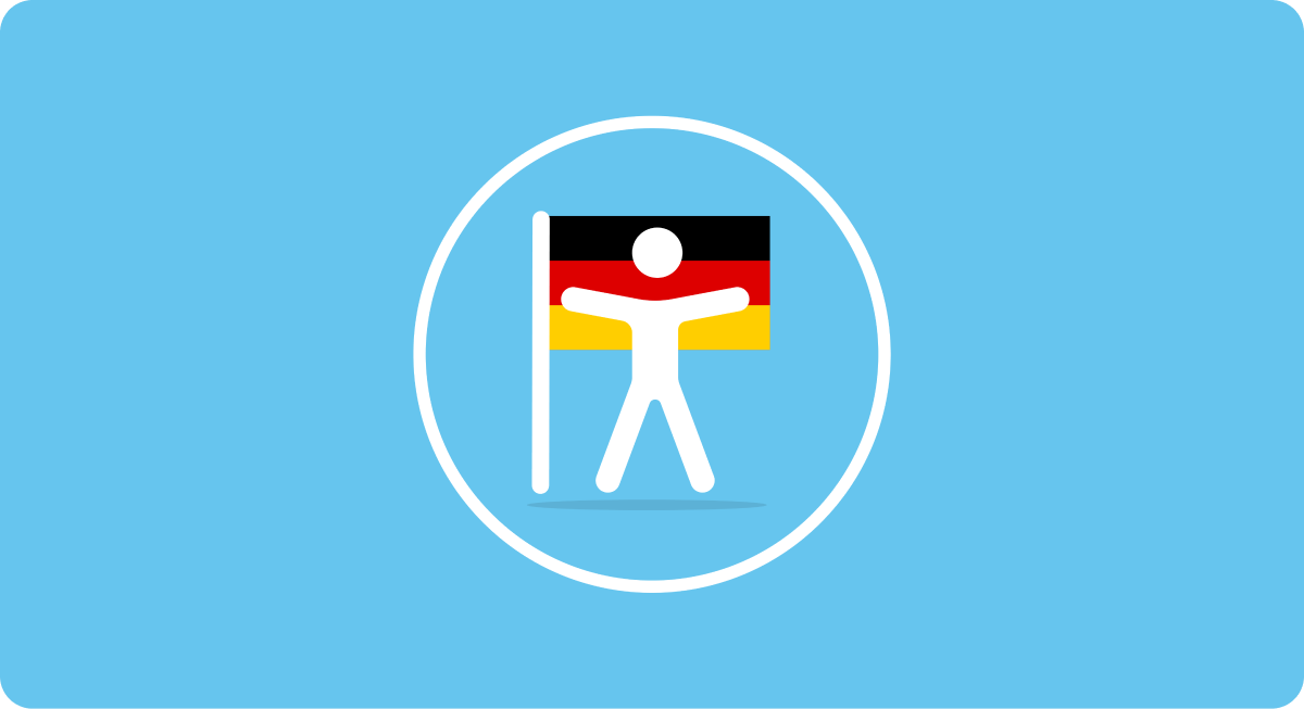 Symbol einer Person mit ausgestreckten Armen vor der deutschen Flagge, umgeben von einem Kreis auf blauem Hintergrund