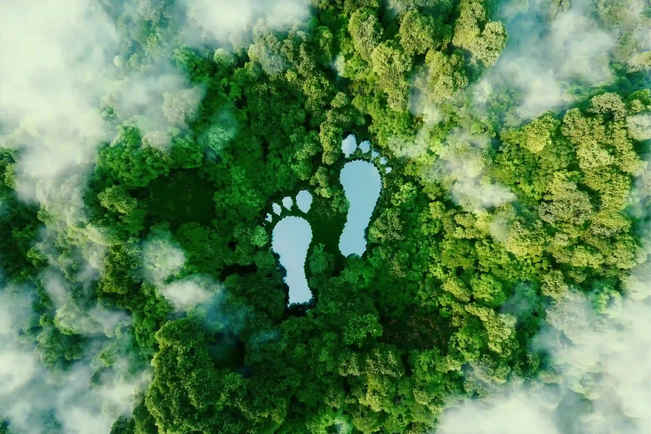 Ökologische Projekte. Ein Bild aus der Vogelperspektive, auf dem ein Wald zu sehen ist. In der Mitte befinden sich zwei Seen, die wie Fußabdrücke geformt sind.