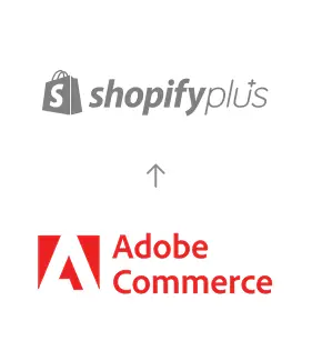Adobe Commerce zu Shopify+ Migration Migration von Adobe Commerce zu Shopify+, dargestellt mit einem Pfeil vom Adobe Commerce Logo zum Shopify+ Logo