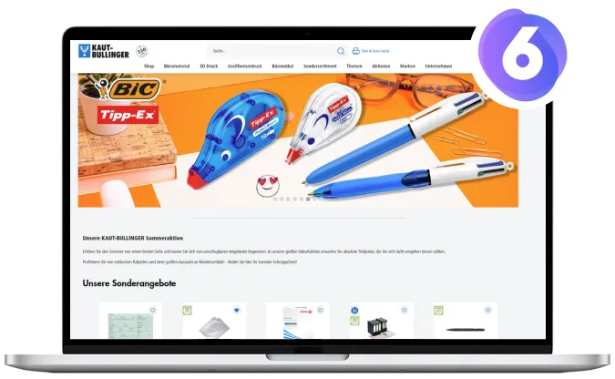 Shopware Referenz KAUT-Bullinger Mockup des Kaut-Bullinger Online-Shops in einem Laptop mit Shopware 6 Logo