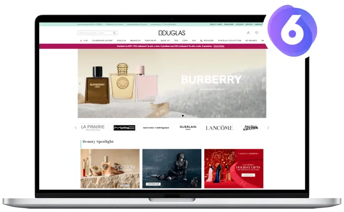 Mockup des Douglas Online-Shops in einem Laptop mit Shopware 6 Logo
