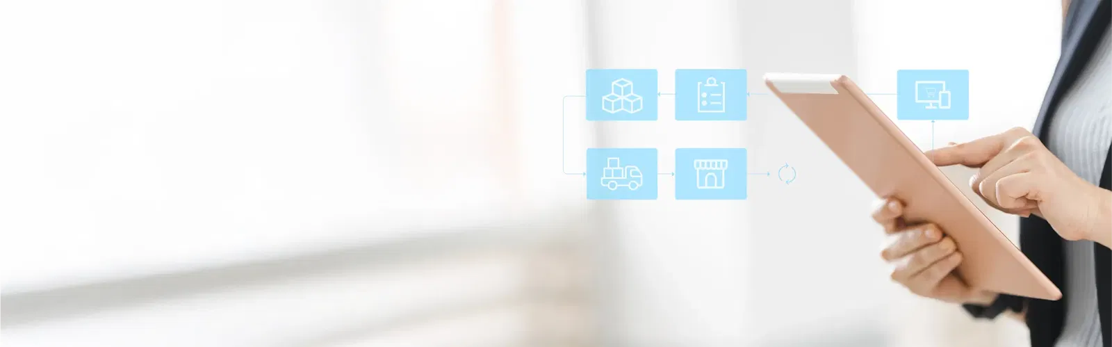 E-Procurement Lösungen von elio Person nutzt ein Tablet mit Symbolen für E-Procurement im Hintergrund