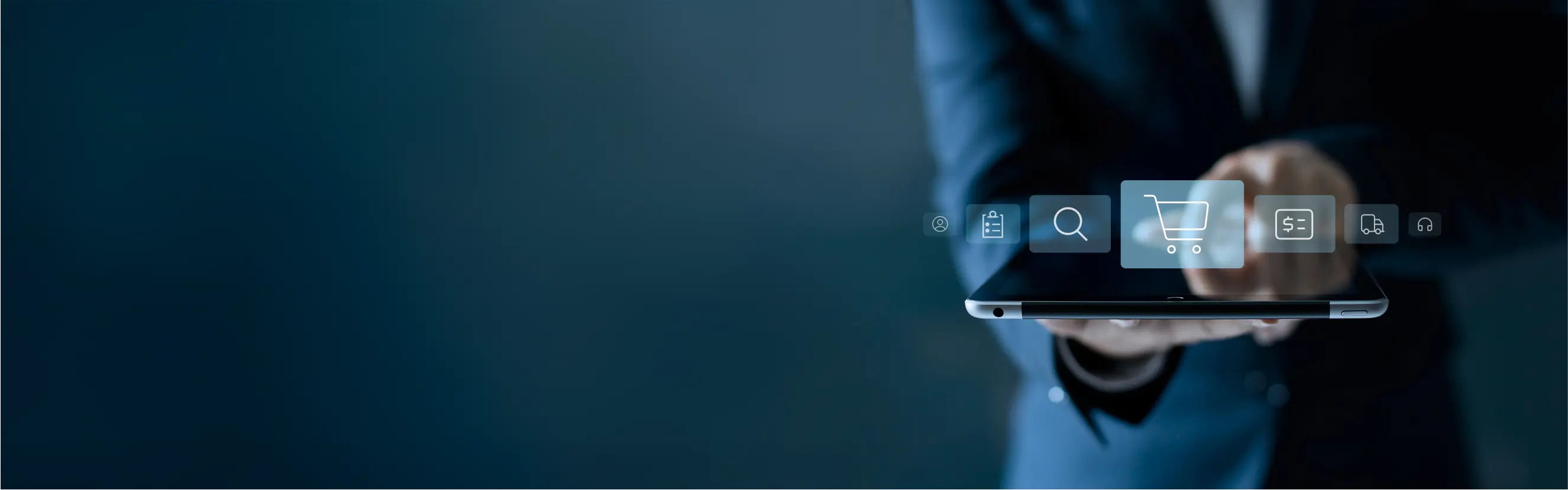 elio die Online-Shop Agentur Person im Anzug hält ein Tablet mit Symbolen für Kalender, Suche, Warenkorb, Rechnung und Kundenservice – Darstellung digitaler Shop-Funktionen