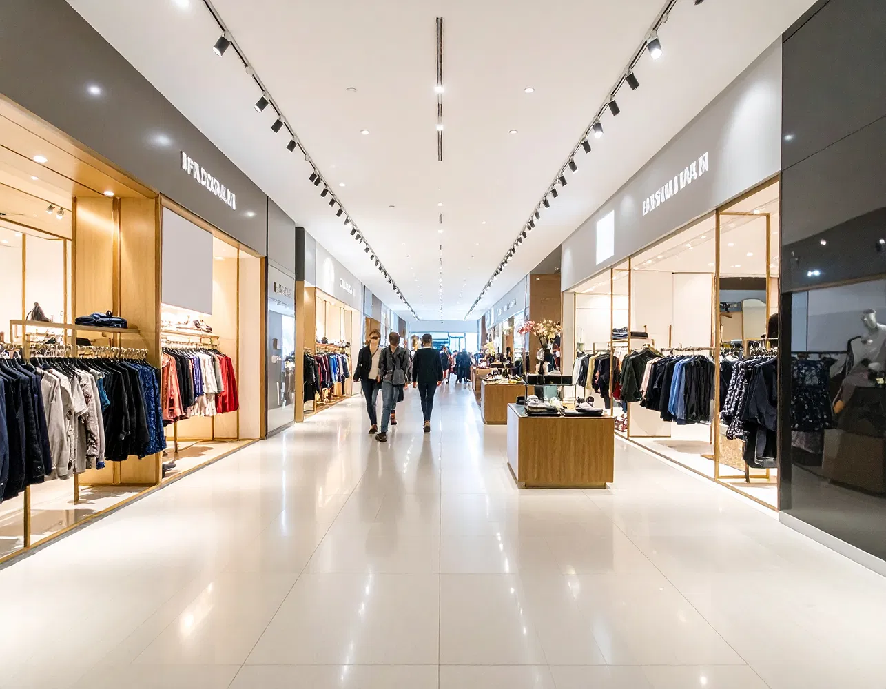 shop-in-shop-kaufhaus Menschen gehen durch die helle Einkaufspassage eines modernen Einkaufszentrums mit Modegeschäften links und rechts.