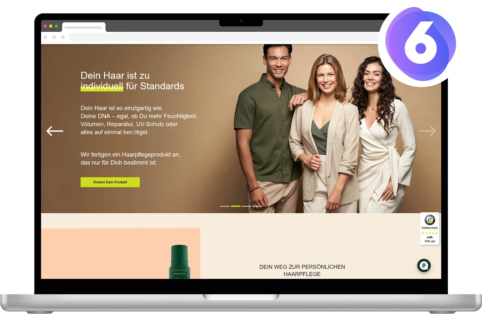 Mockup des Yours Truly Online-Shops auf einem Laptop mit Shopware 6 Logo