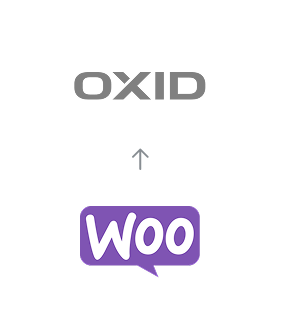 woocommerce zu OXID Migration Migration von WooCommerce zu OXID eShop, dargestellt durch einen Pfeil vom WooCommerce-Logo zum OXID eShop-Logo