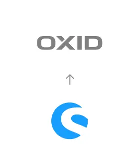 Shopware zu OXID Migration Migration von Shopware zu OXID eShop, dargestellt durch einen Pfeil vom Shopware-Logo zum OXID eShop-Logo