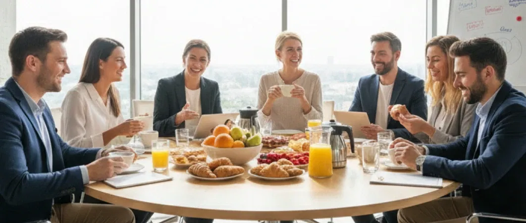 Fröhliche Geschäftsleute bei lockerem Business-Frühstück mit Kaffee und Croissants in modernem Konferenzraum – Networking für Unternehmer.