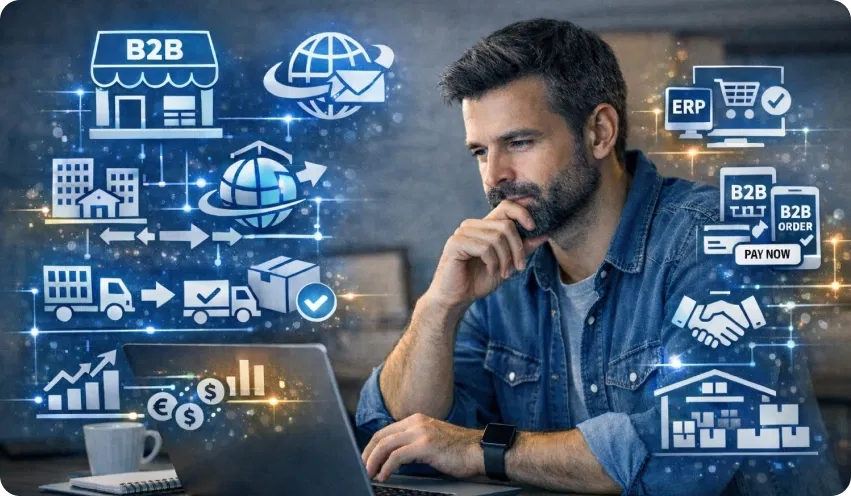 B2B-Manager arbeitet am Laptop mit visualisierten Icons für ERP, CMS, E-Commerce, B2B-Order, Logistik und Payment – Symbolbild für Composable Commerce mit Shopware 6 und integrierter Plattformarchitektur.