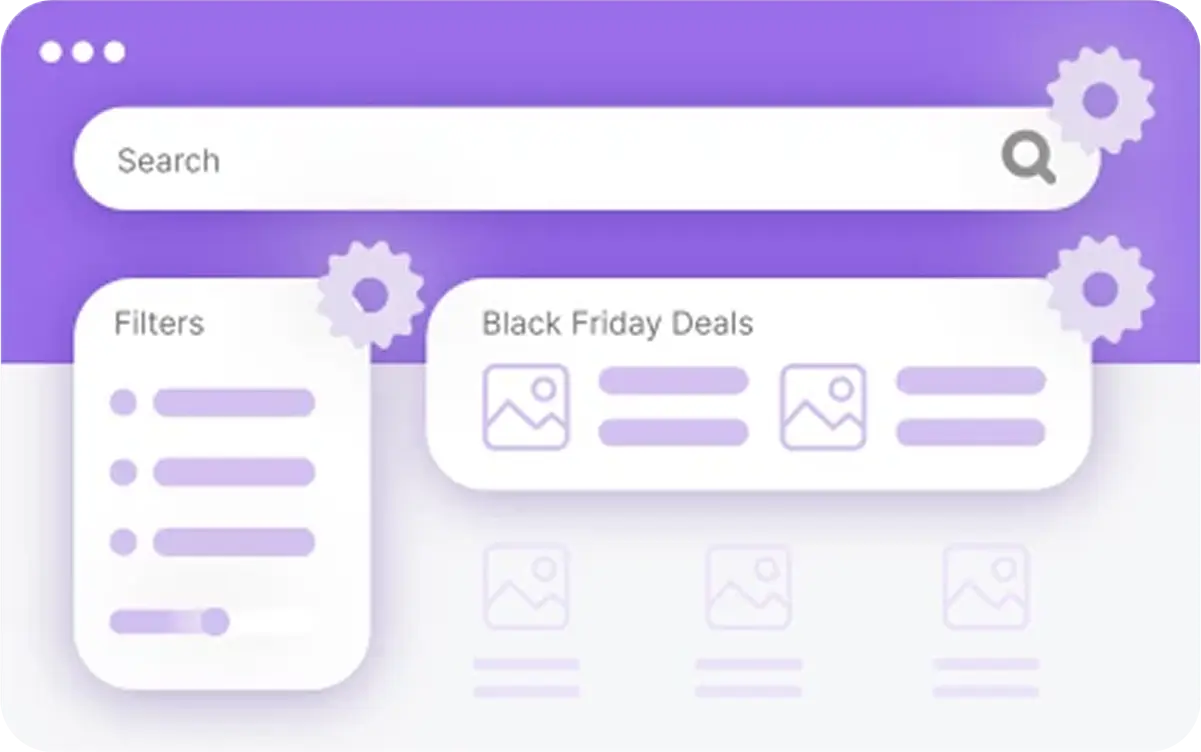 Fact Finder E-Commerce Grafische Darstellung einer Onlineshop-Suche mit Suchleiste, Filteroptionen und hervorgehobenen Black Friday-Angeboten, ergänzt durch Zahnrad-Symbole für Einstellungen.