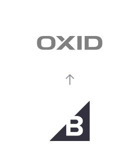 BigCommerce zu OXID Migration Migration von BigCommerce zu OXID eShop, dargestellt durch einen Pfeil vom BigCommerce-Logo zum OXID eShop-Logo