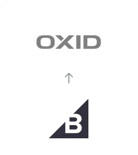 BigCommerce zu OXID Migration Migration von BigCommerce zu OXID eShop, dargestellt durch einen Pfeil vom BigCommerce-Logo zum OXID eShop-Logo