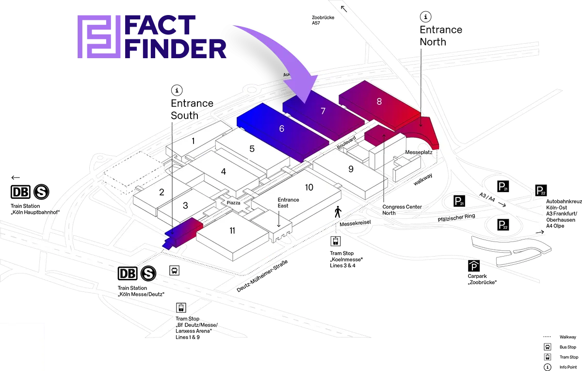 DMEXCO Hallenplan Hallenplan mit markierten Messehallen und FACT-Finder-Logo, hervorgehobene Bereiche führen von Eingang Süd zu Eingang Nord