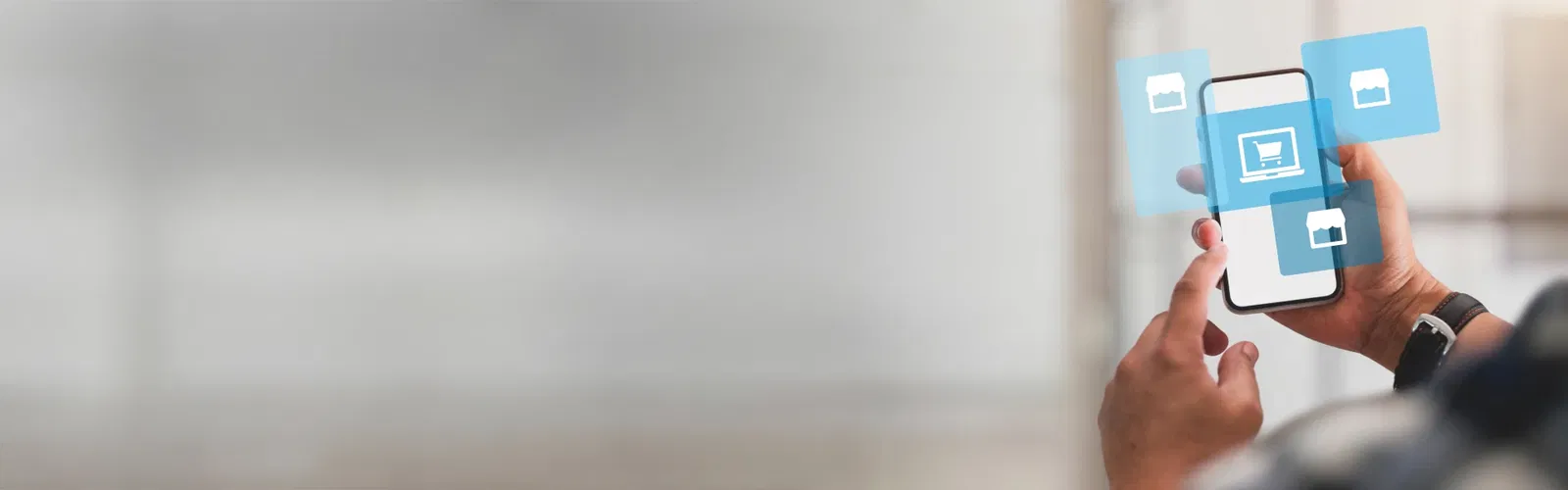 Person nutzt ein Smartphone mit Shop-Symbolen auf dem Display – Darstellung eines Shop-in-Shop-Konzepts in einem Einzelhandelsumfeld