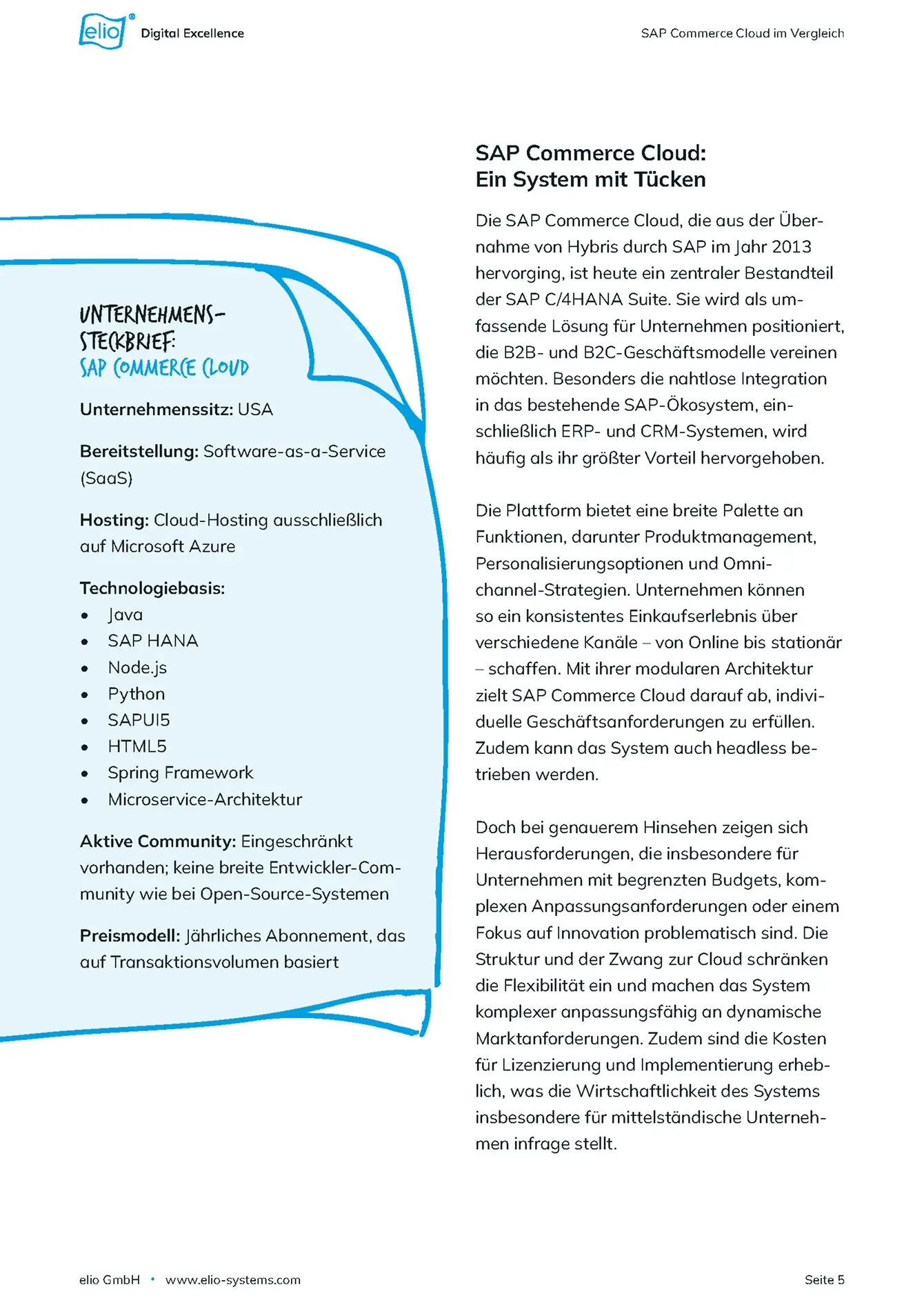 Exklusiver Einblick in unser Whitepaper: SAP Commerce vor dem Aus Seite aus dem elio-Whitepaper ‚SAP Commerce vor dem Aus‘ mit Inhaltsverzeichnis und Einleitung.