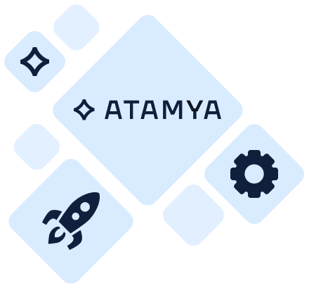 Atamya Logo mit hellblauen Rauten und Symbolen wie Rakete und Zahnrad – Darstellung für Innovation, Wachstum und technologische Lösungen im digitalen Umfeld.