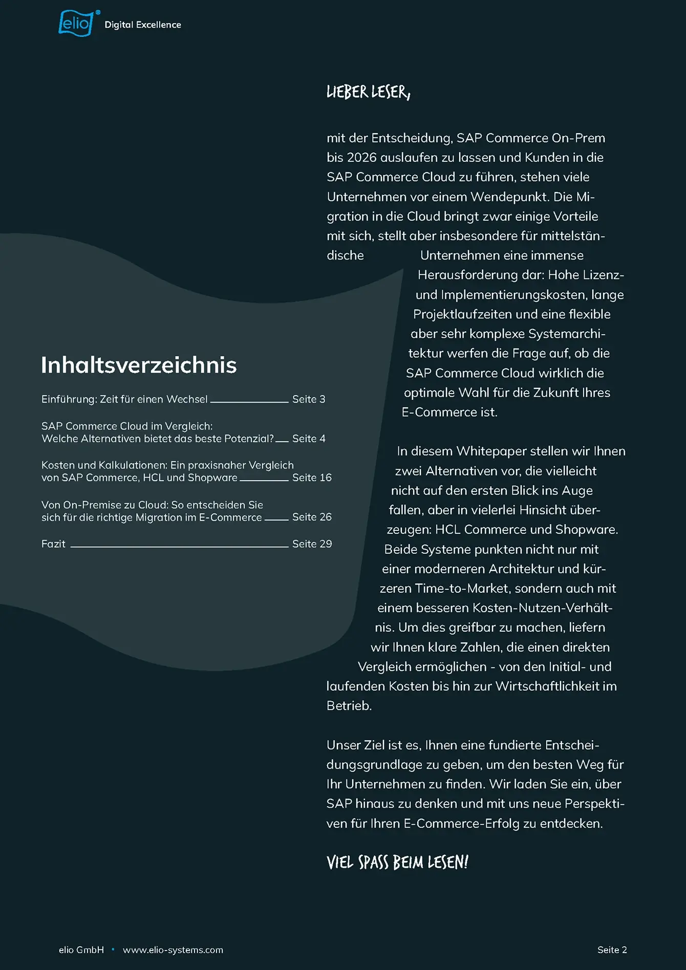 Exklusiver Einblick in unser Whitepaper: SAP Commerce vor dem Aus Seite aus dem elio-Whitepaper ‚SAP Commerce vor dem Aus‘ mit Inhaltsverzeichnis und Einleitung.