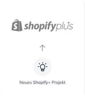 Neues Shopify+ Projekt Neues Projektvorhaben, das mit Shopify+ realisiert werden soll, symbolisiert durch eine Glühbirne und einen Aufwärtspfeil.