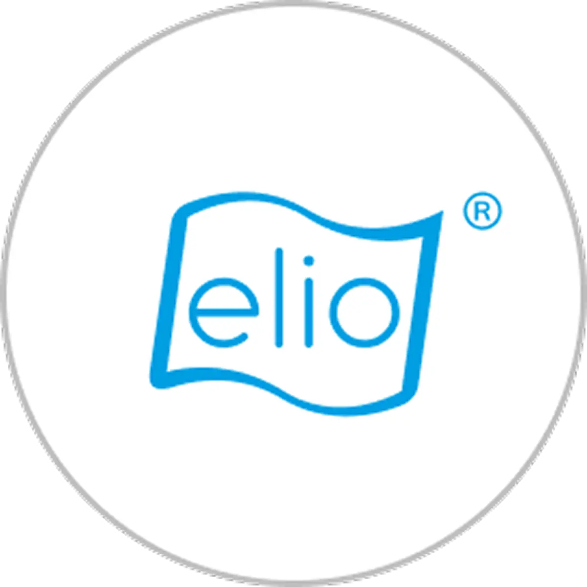 elio Logo Logo der elio GmbH in einem grauen Kreis: Der Name "elio" auf einer cyan farbenen Flagge abgebildet